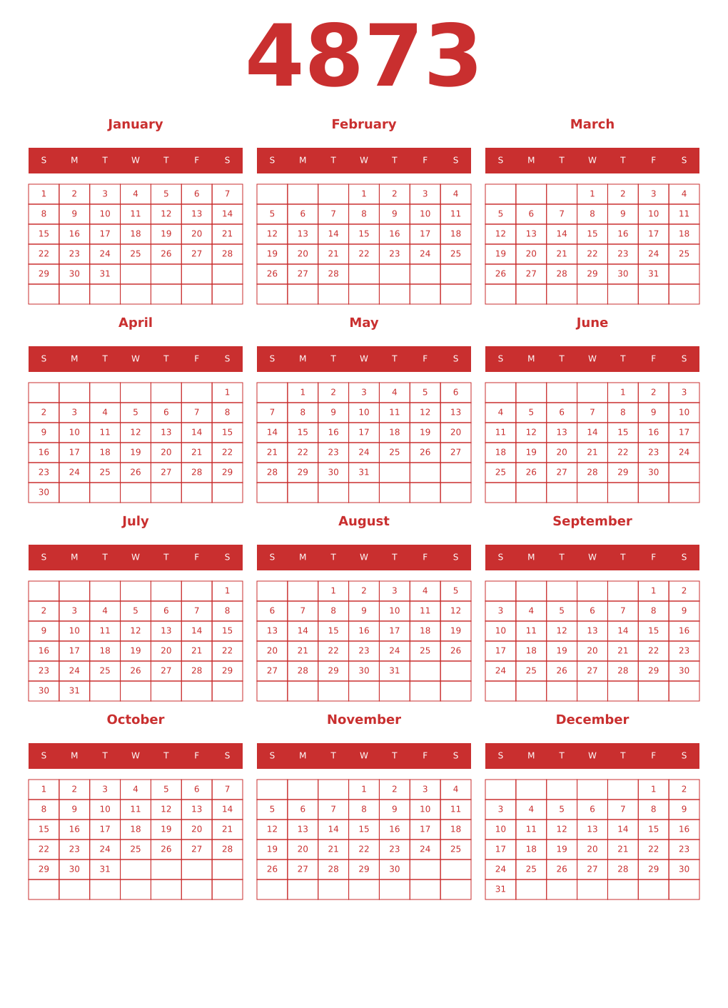 Printable 4873 Year Calendars red
