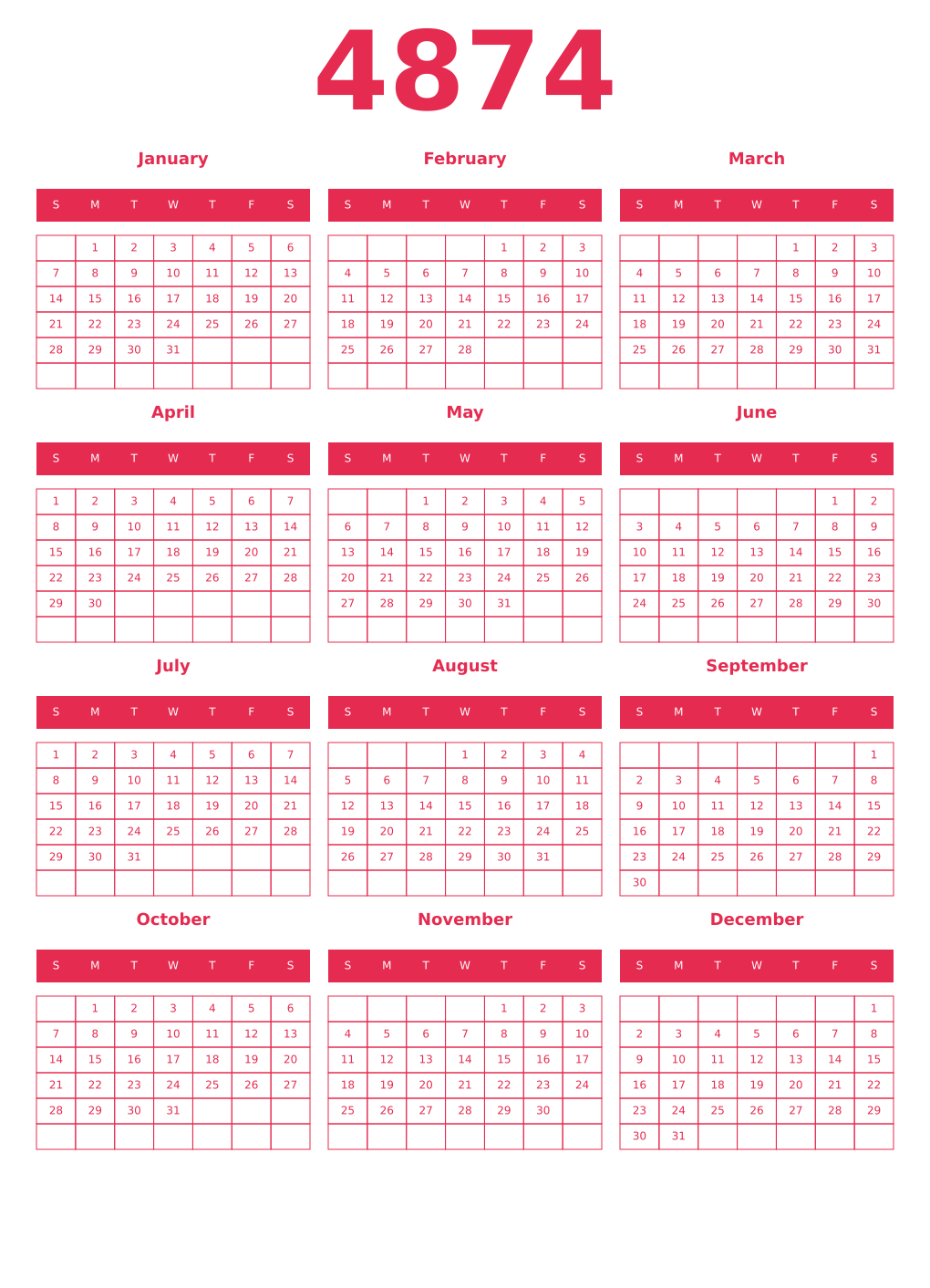 Printable 4874 Year Calendars amaranth