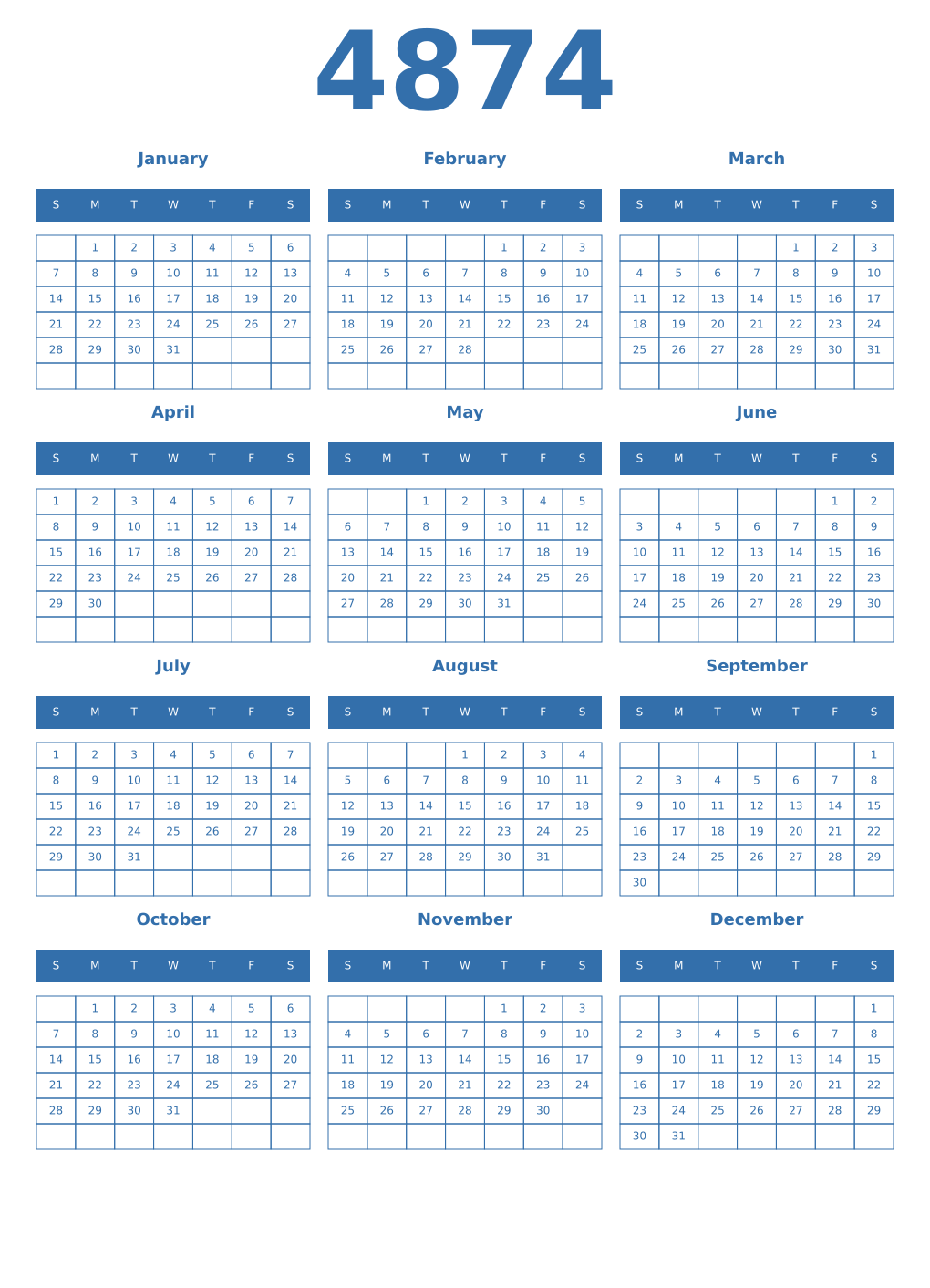 Printable 4874 Year Calendars blue