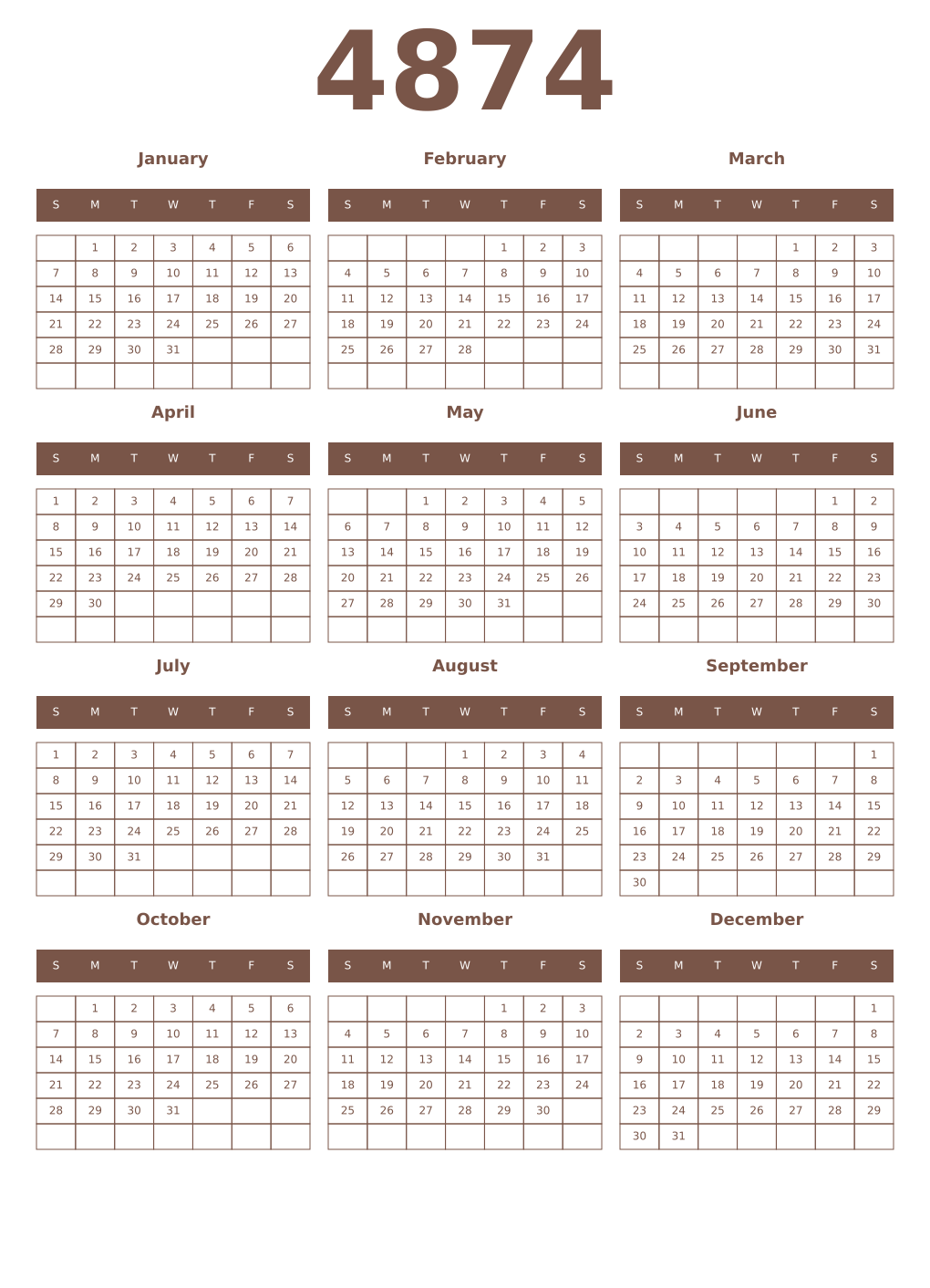 Printable 4874 Year Calendars coffe