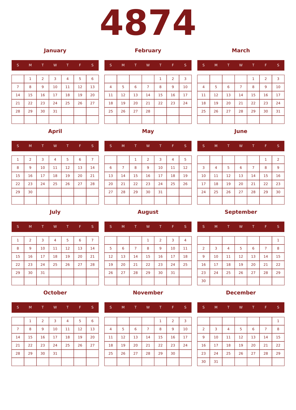 Printable 4874 Year Calendars falu