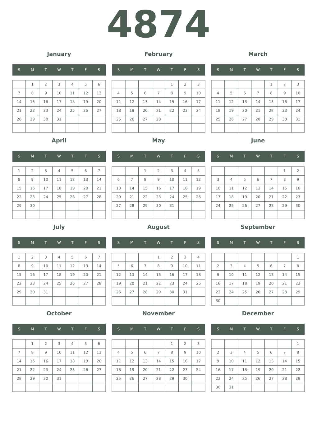 Printable 4874 Year Calendars feldgrau