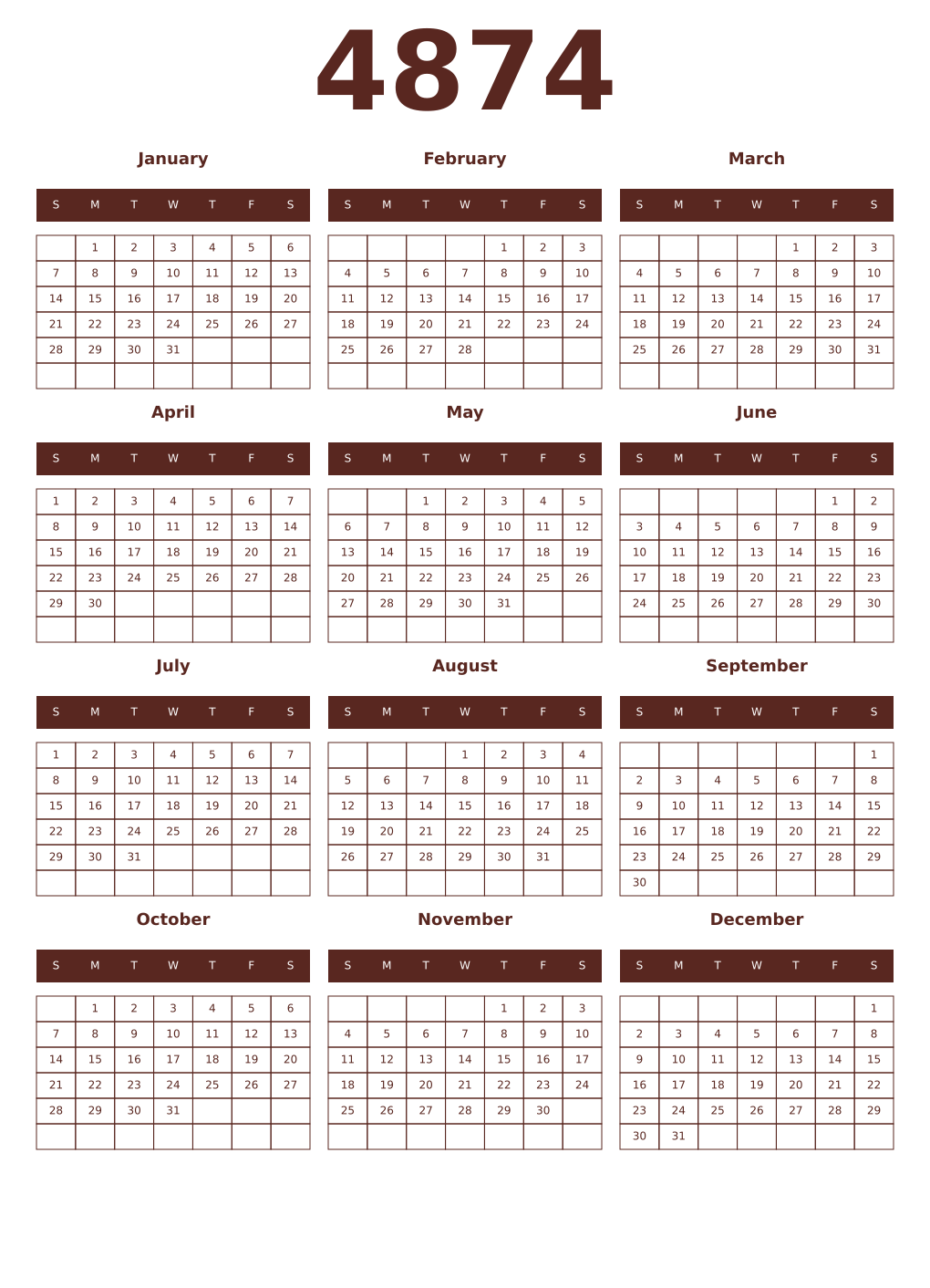 Printable 4874 Year Calendars mortuum