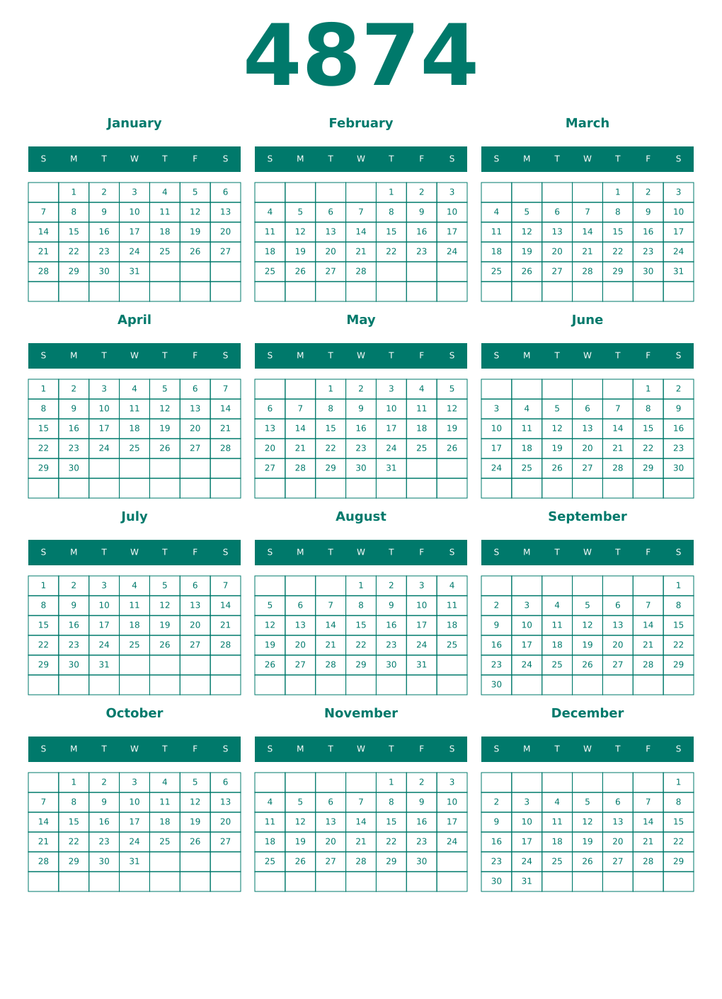 Printable 4874 Year Calendars pastel