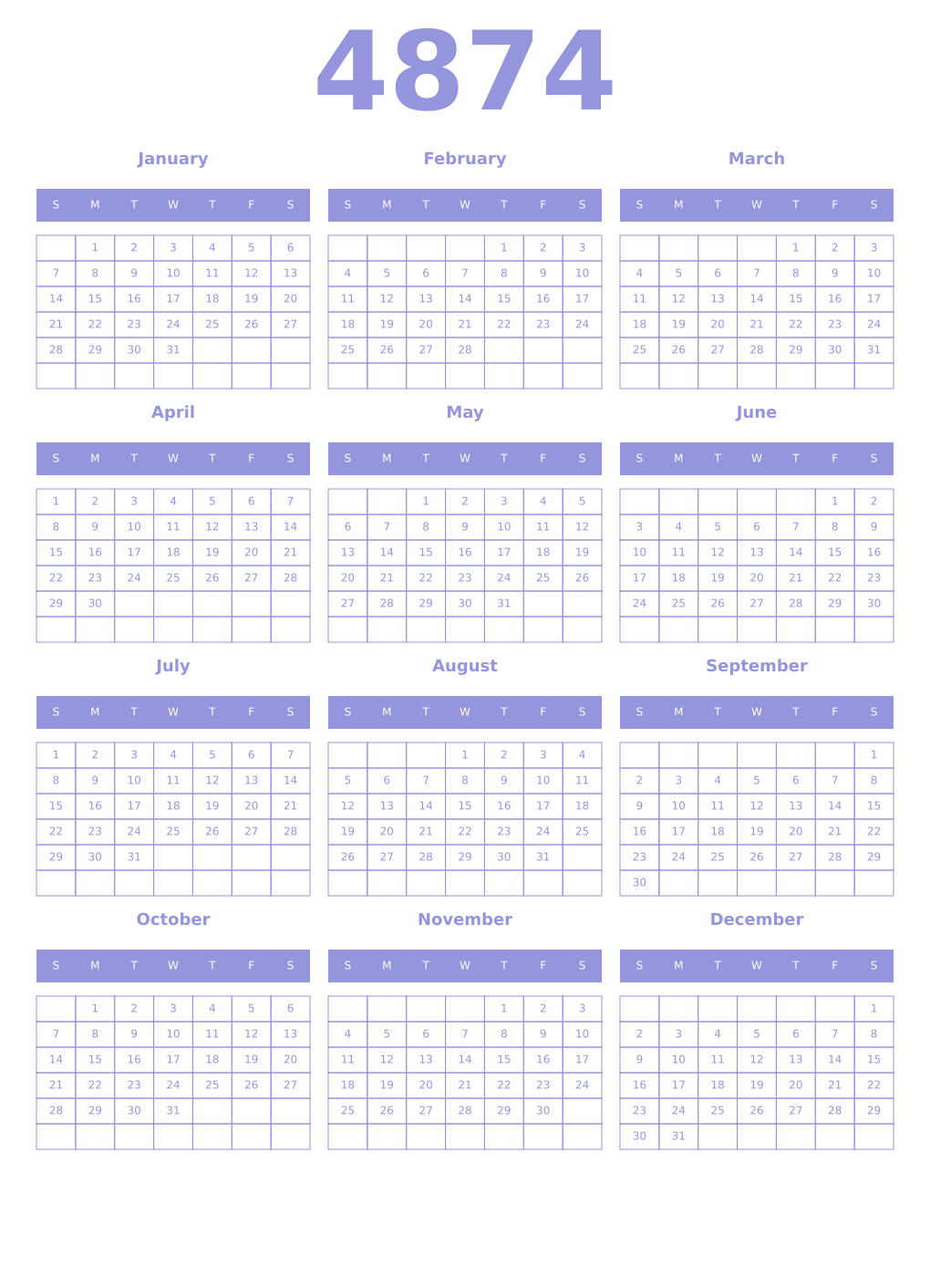 Printable 4874 Year Calendars periwinkle