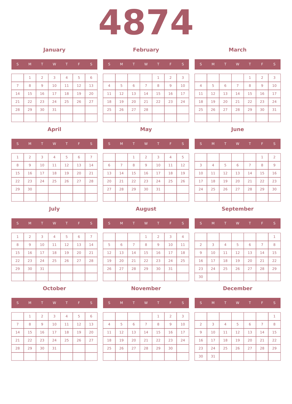 Printable 4874 Year Calendars puce