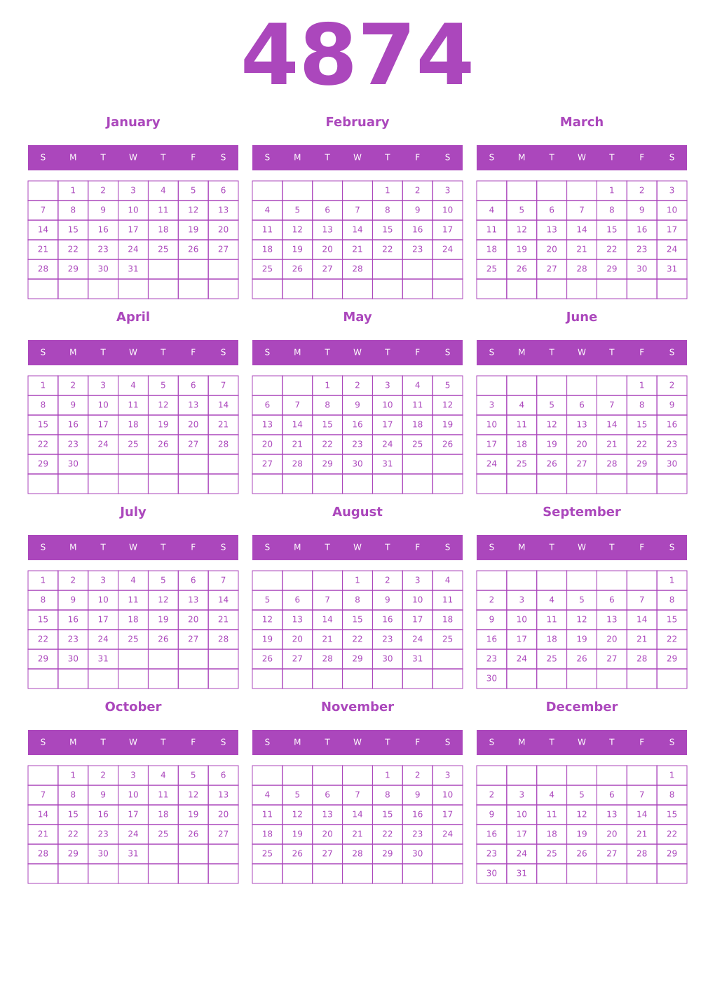 Printable 4874 Year Calendars purple