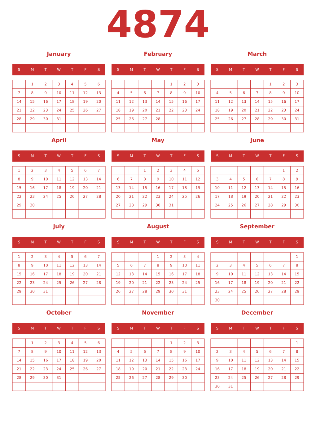 Printable 4874 Year Calendars red