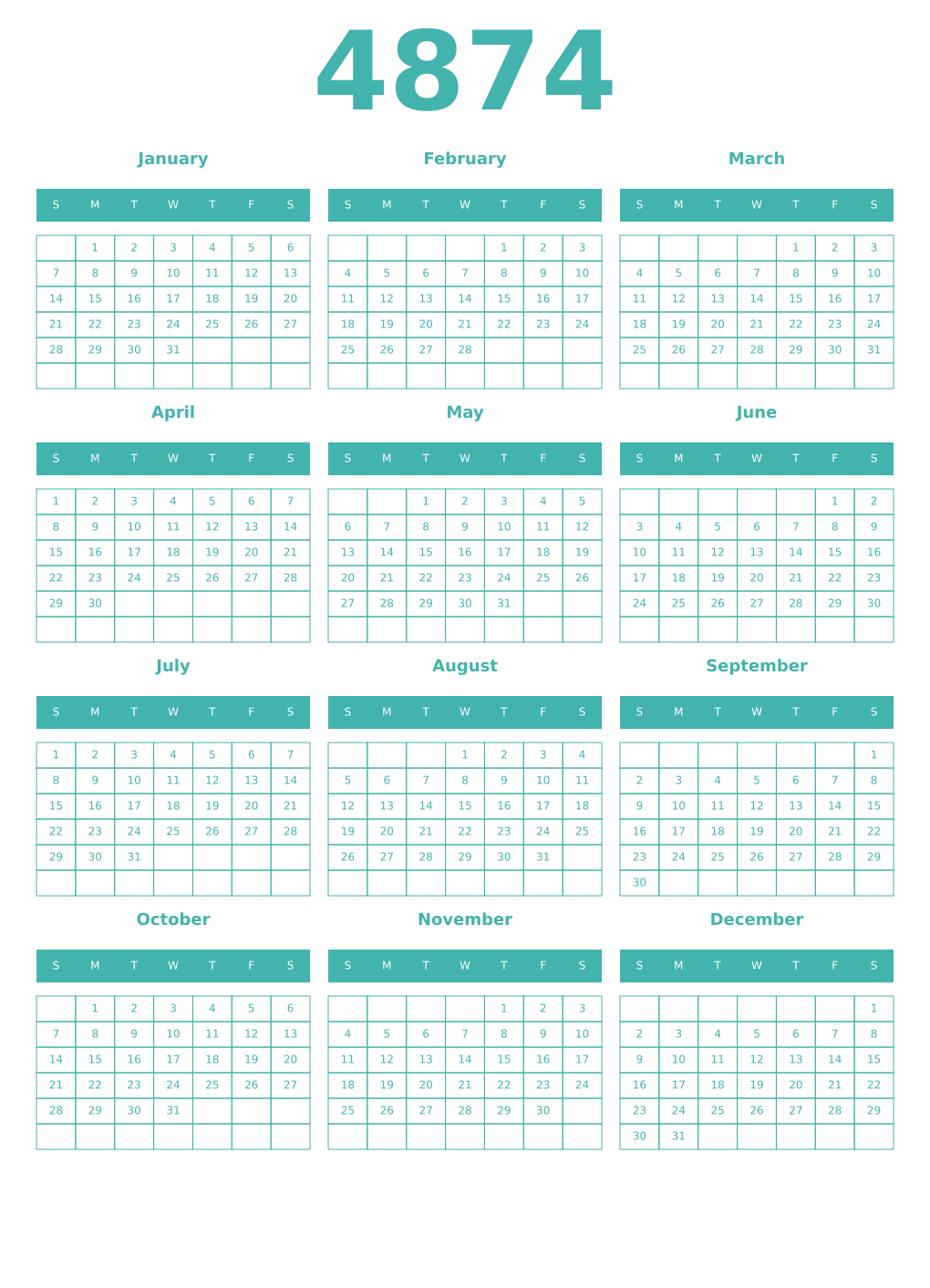 Printable 4874 Year Calendars verdigris