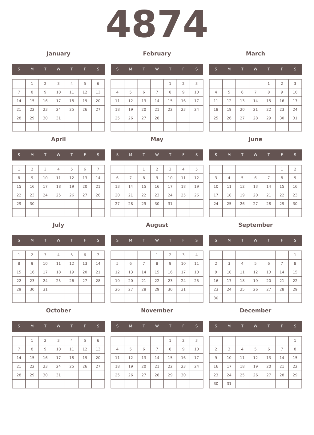 Printable 4874 Year Calendars wenge