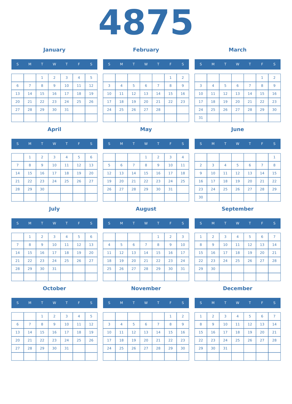 Printable 4875 Year Calendars blue