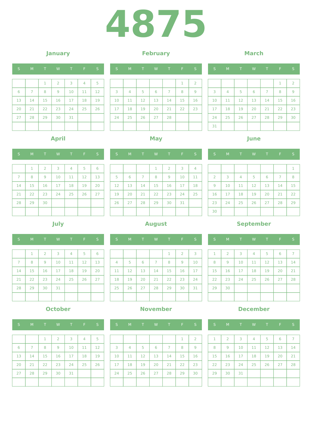 Printable 4875 Year Calendars celadon