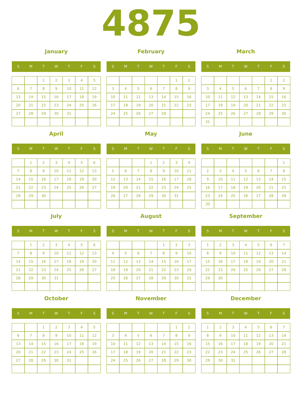 Printable 4875 Year Calendars chartreuse