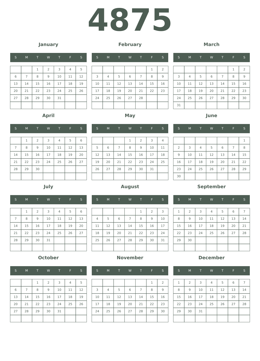 Printable 4875 Year Calendars feldgrau