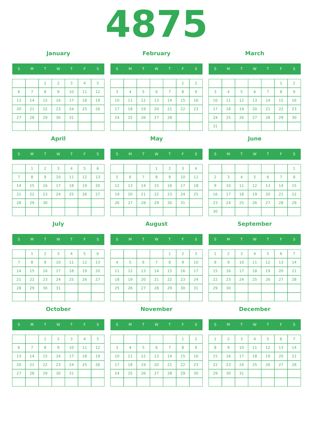 Printable 4875 Year Calendars green