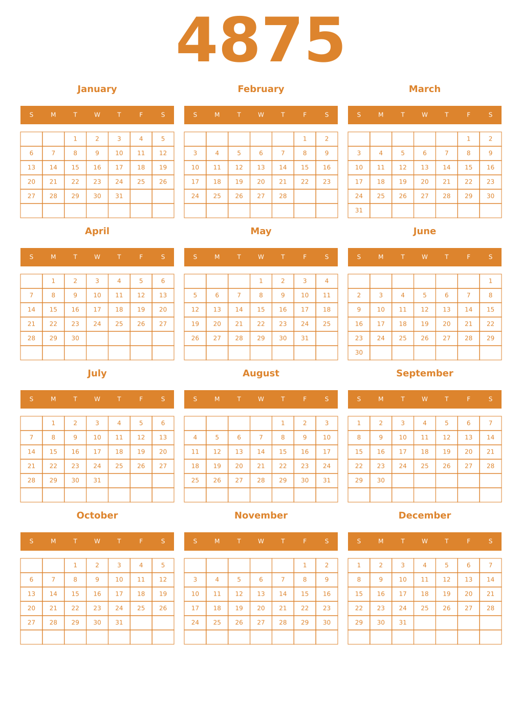 Printable 4875 Year Calendars orange