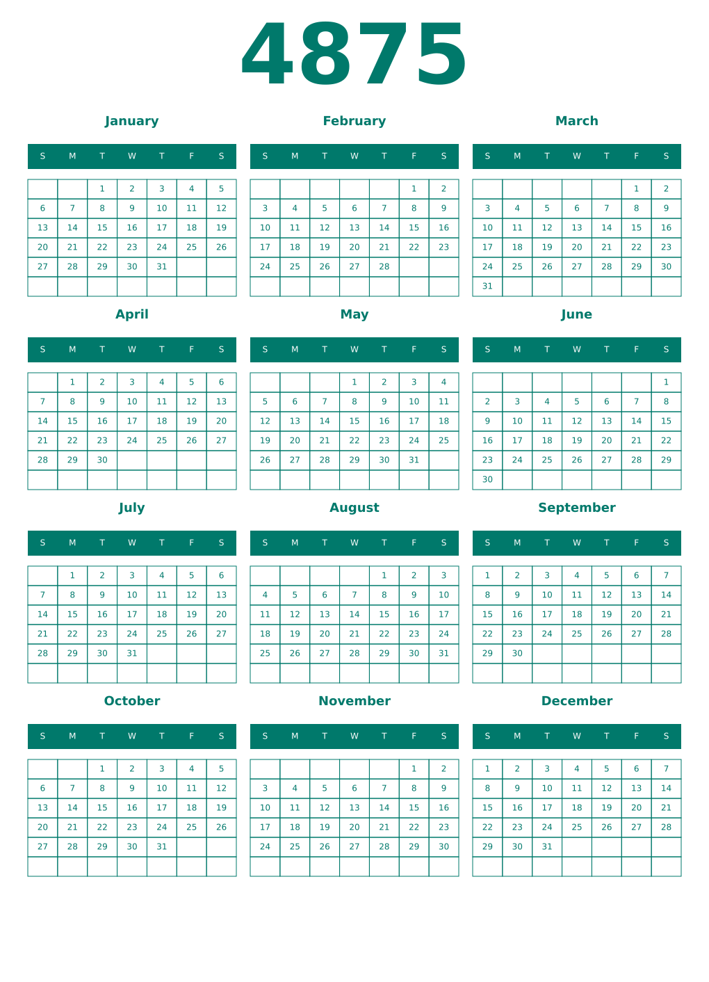 Printable 4875 Year Calendars pastel