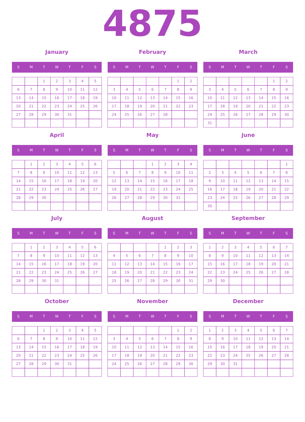 Printable 4875 Year Calendars purple