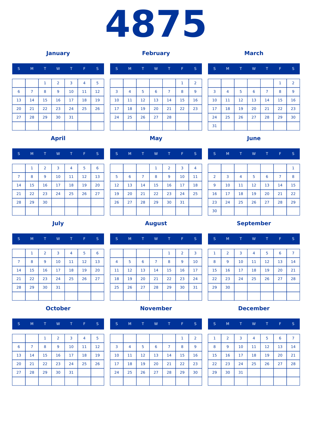 Printable 4875 Year Calendars smalt
