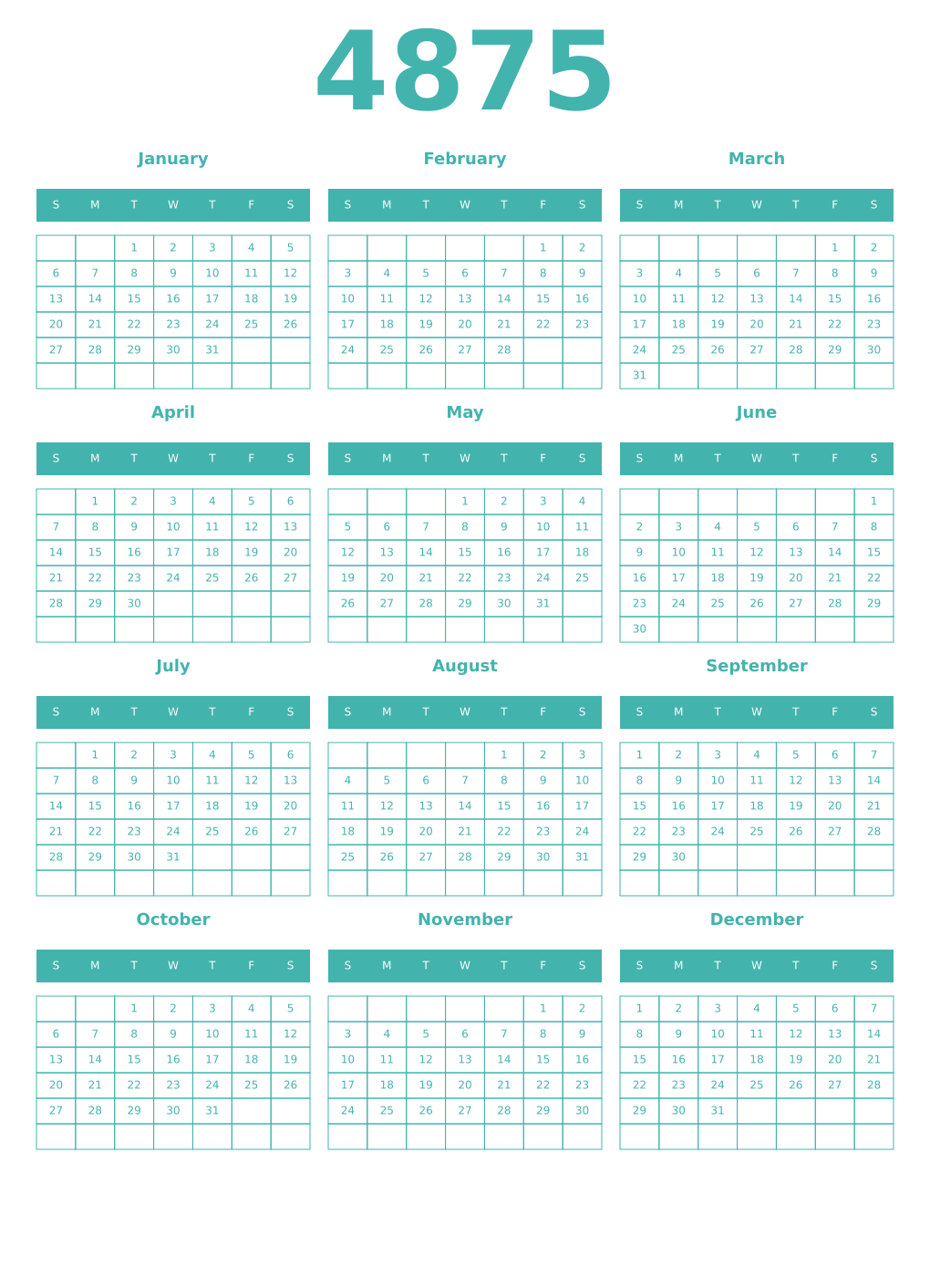 Printable 4875 Year Calendars verdigris
