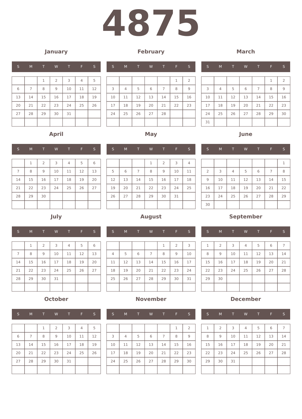 Printable 4875 Year Calendars wenge