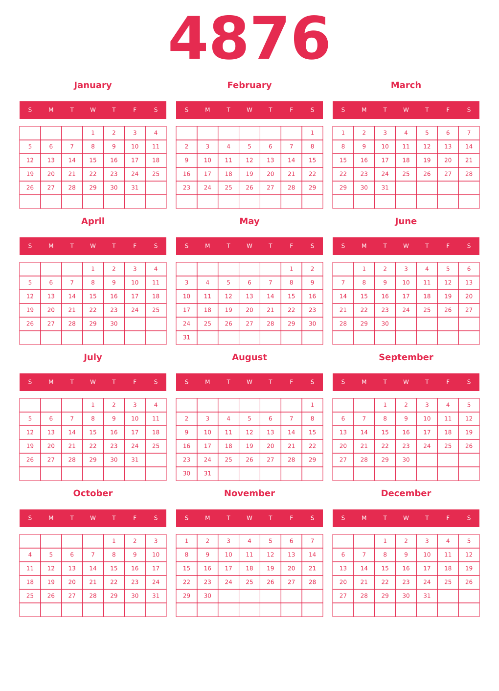 Printable 4876 Year Calendars amaranth