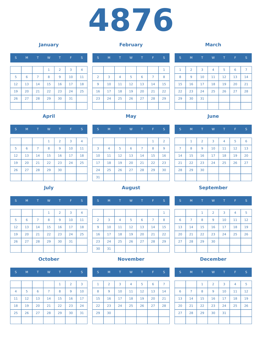 Printable 4876 Year Calendars blue