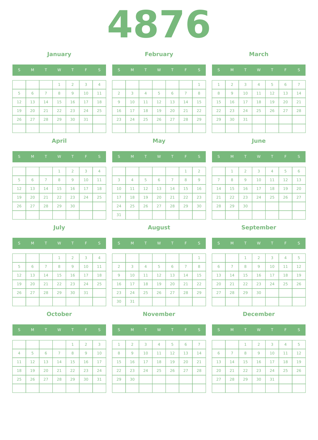 Printable 4876 Year Calendars celadon
