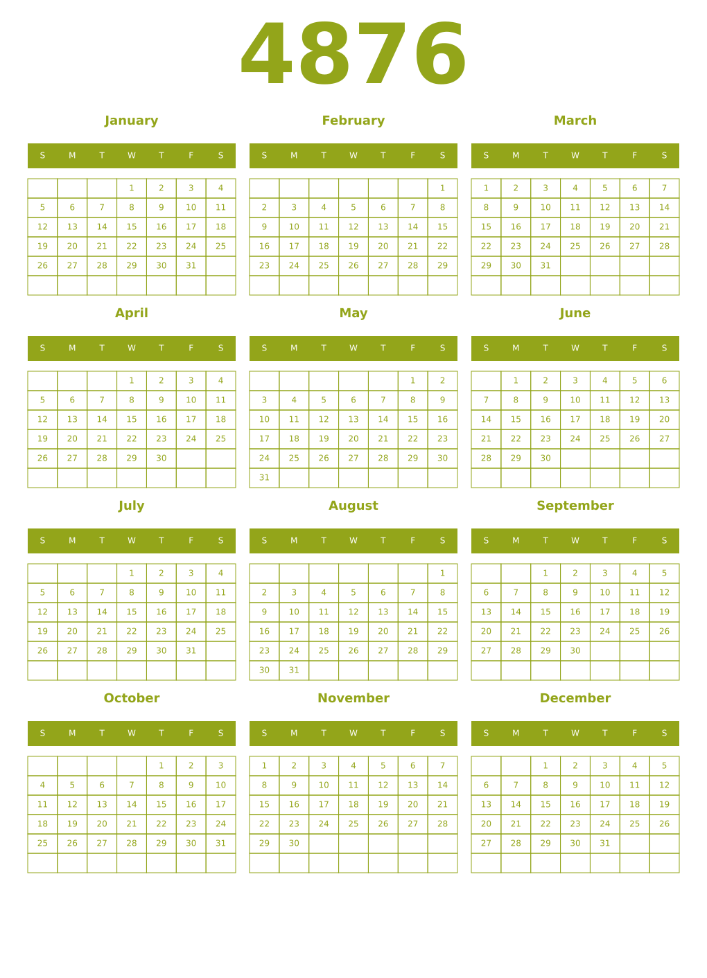 Printable 4876 Year Calendars chartreuse