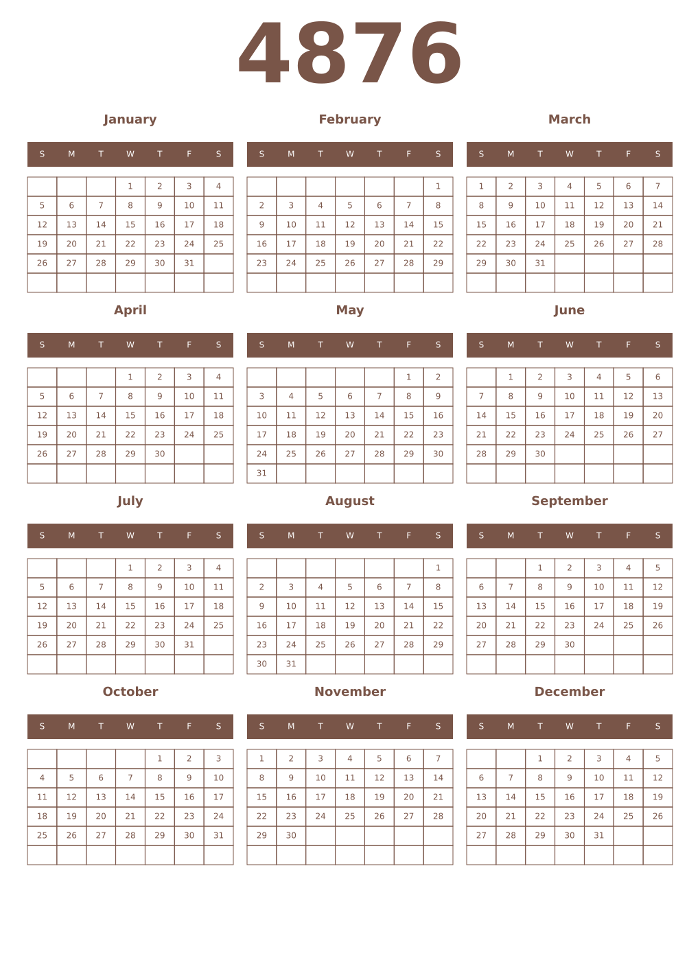 Printable 4876 Year Calendars coffe