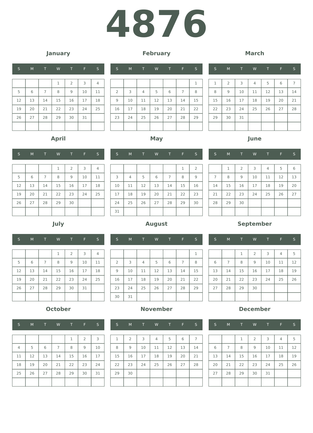 Printable 4876 Year Calendars feldgrau