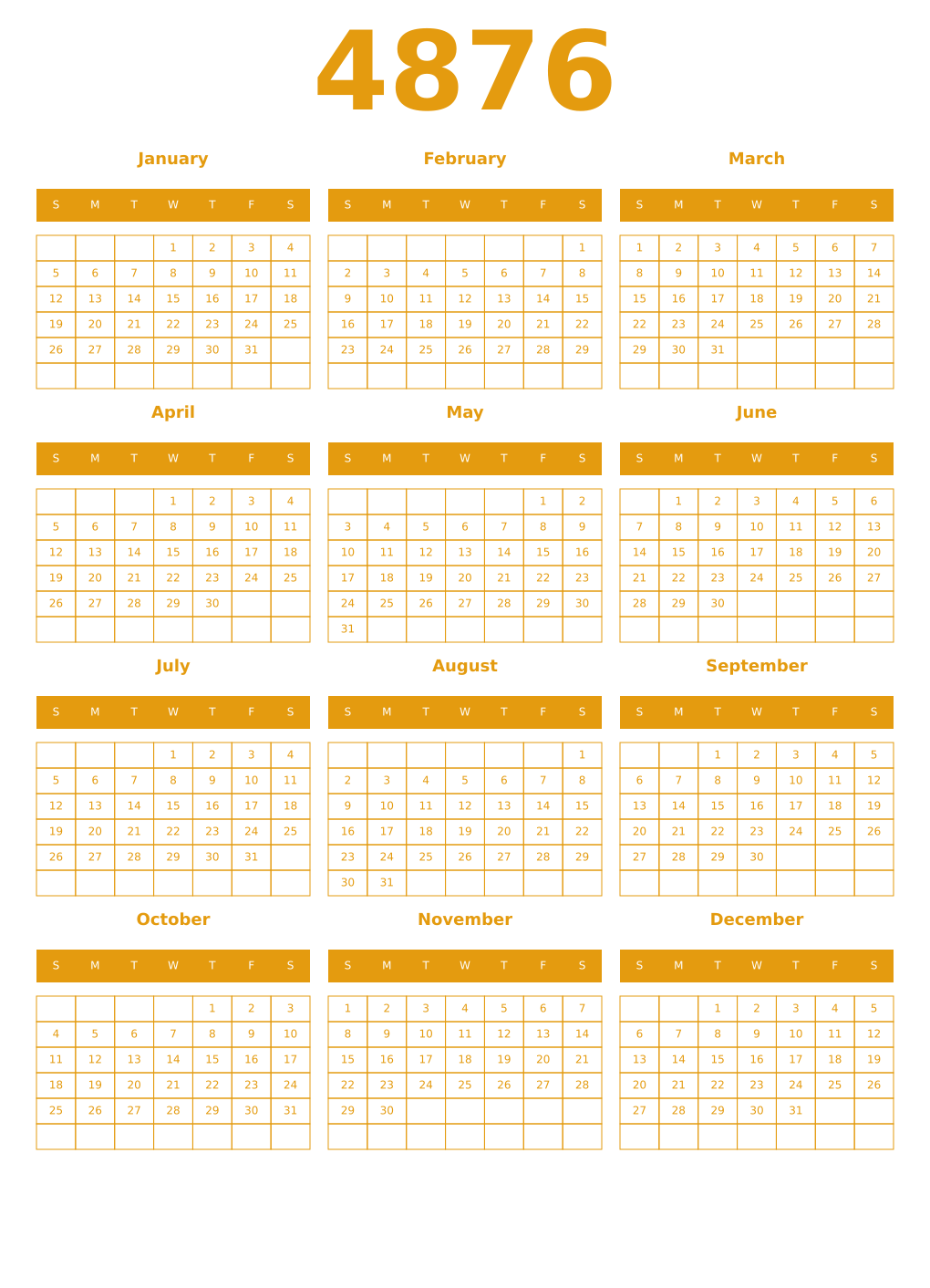 Printable 4876 Year Calendars gamboge