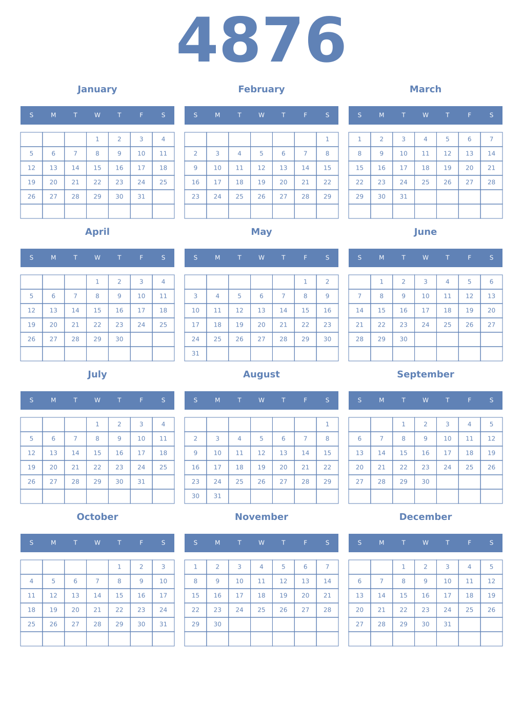 Printable 4876 Year Calendars glaucous