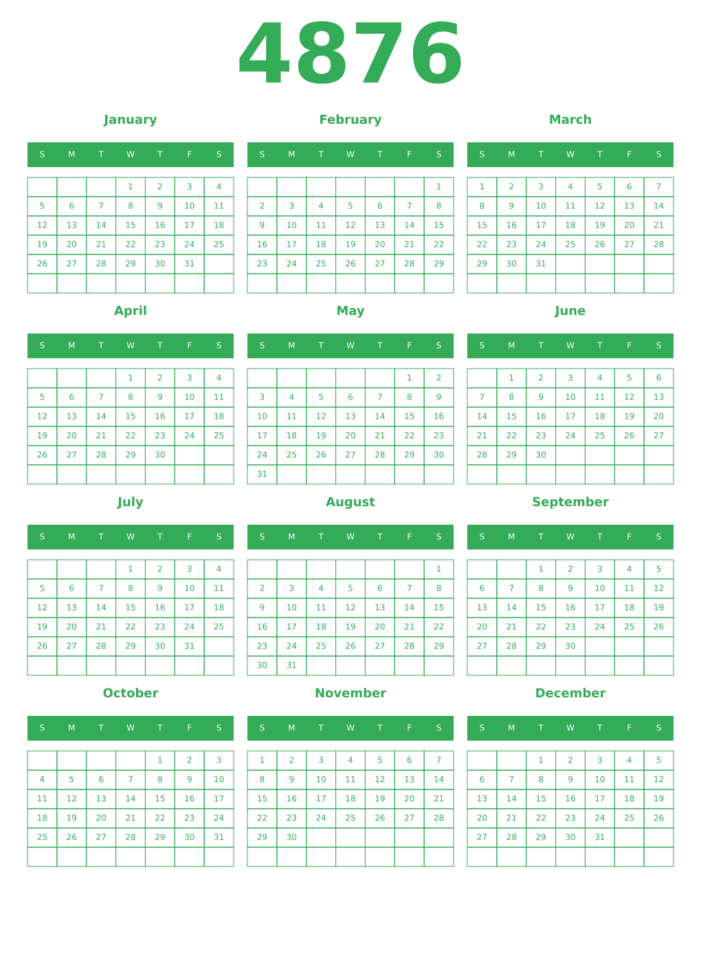 Printable 4876 Year Calendars green