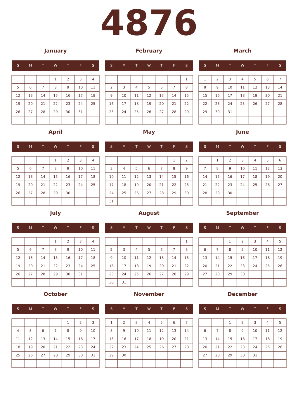 Printable 4876 Year Calendars mortuum