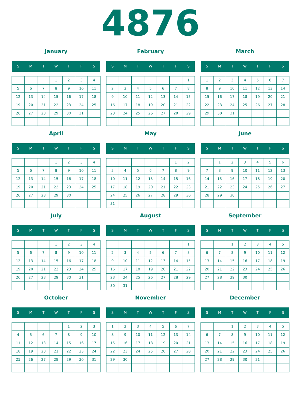 Printable 4876 Year Calendars pastel
