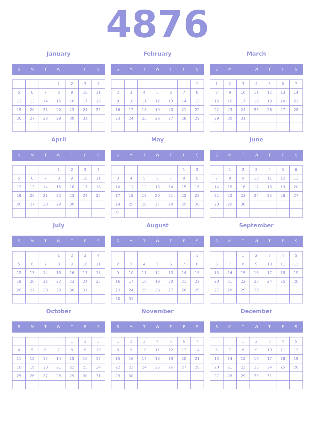 Printable 4876 Year Calendars periwinkle