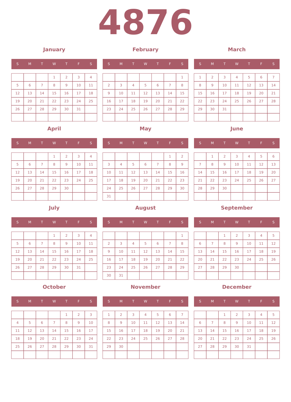 Printable 4876 Year Calendars puce