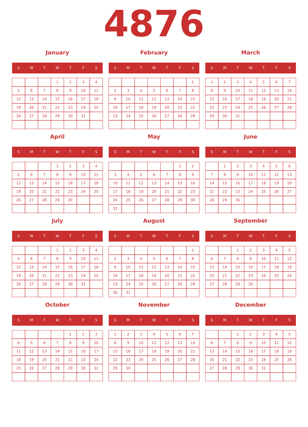 Printable 4876 Year Calendars red