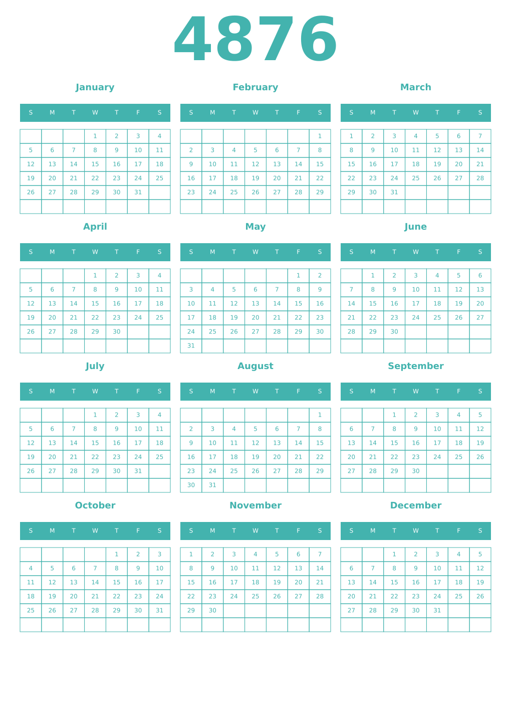 Printable 4876 Year Calendars verdigris