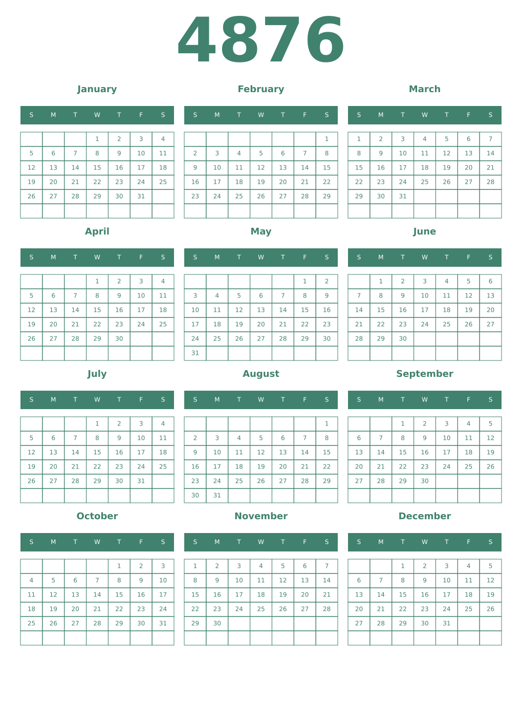 Printable 4876 Year Calendars viridian