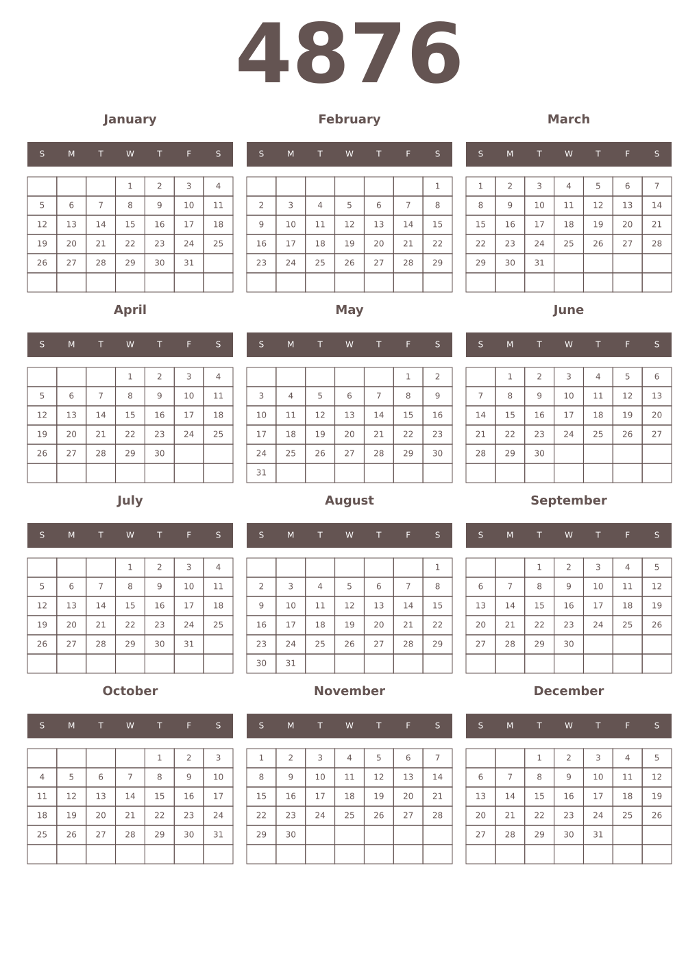 Printable 4876 Year Calendars wenge