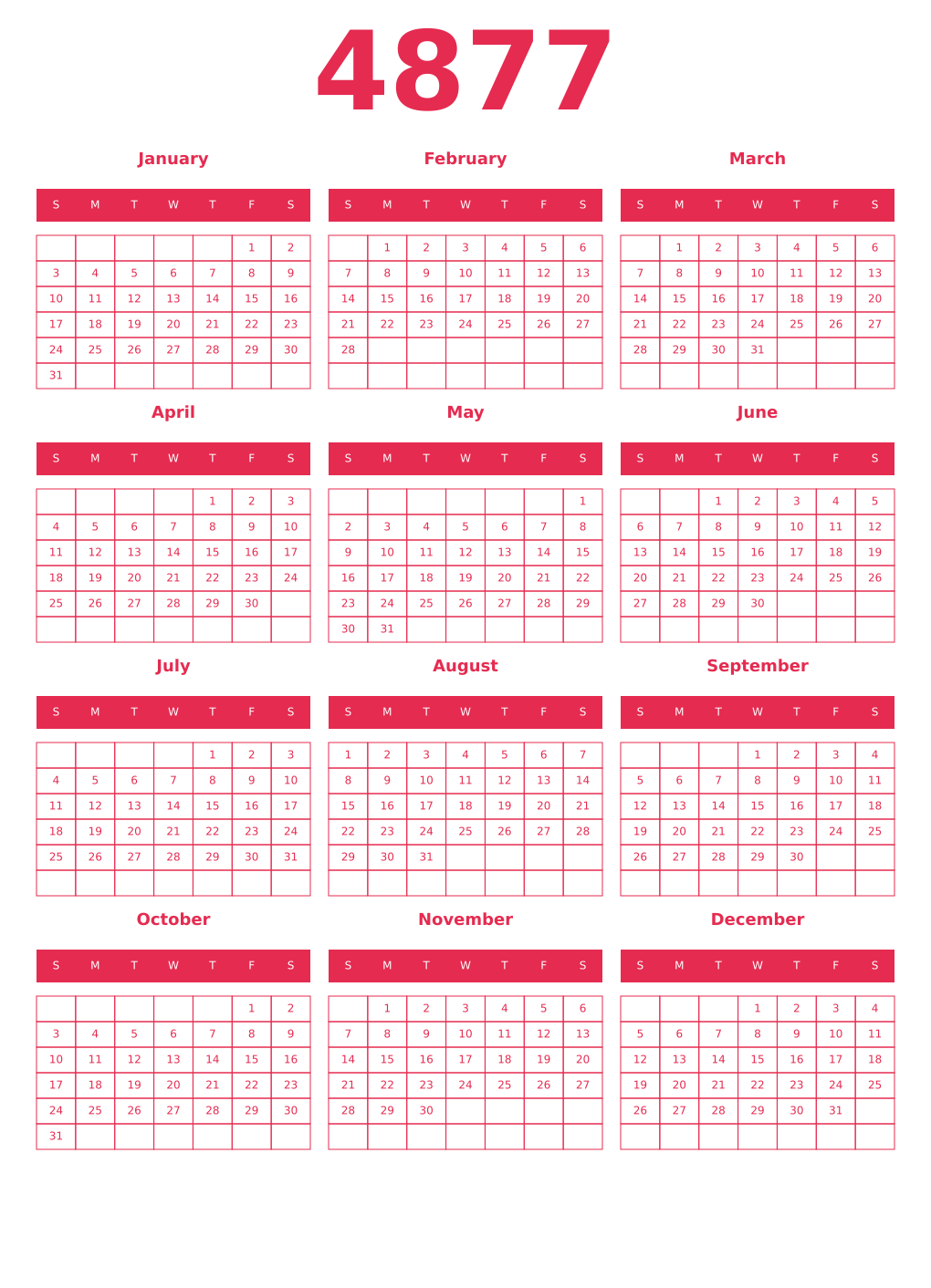 Printable 4877 Year Calendars amaranth