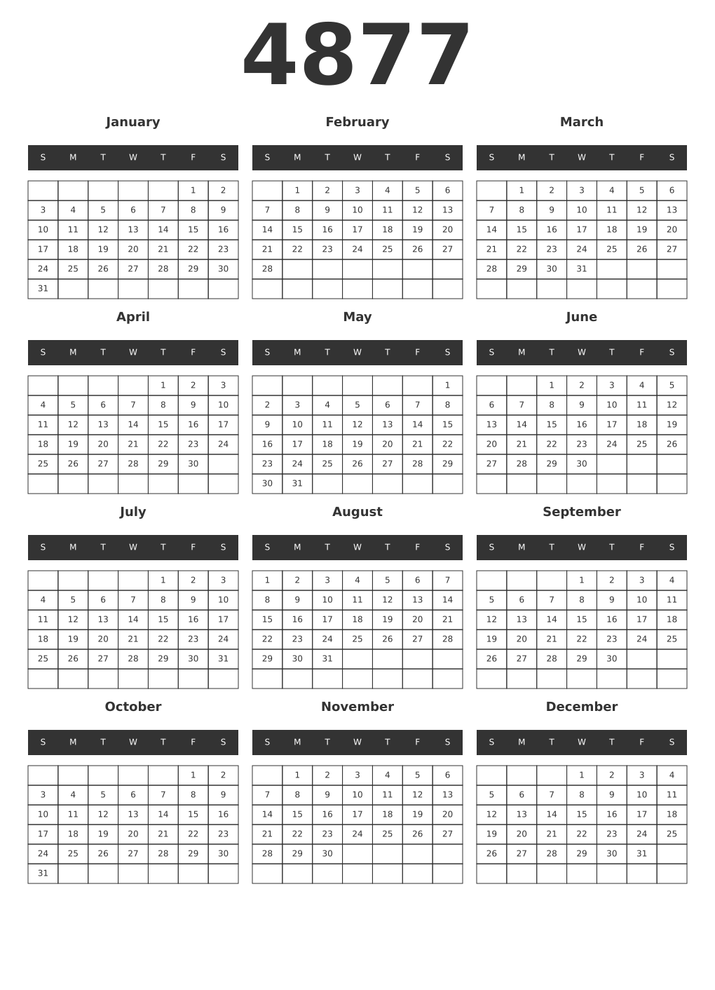 Printable 4877 Year Calendars dark