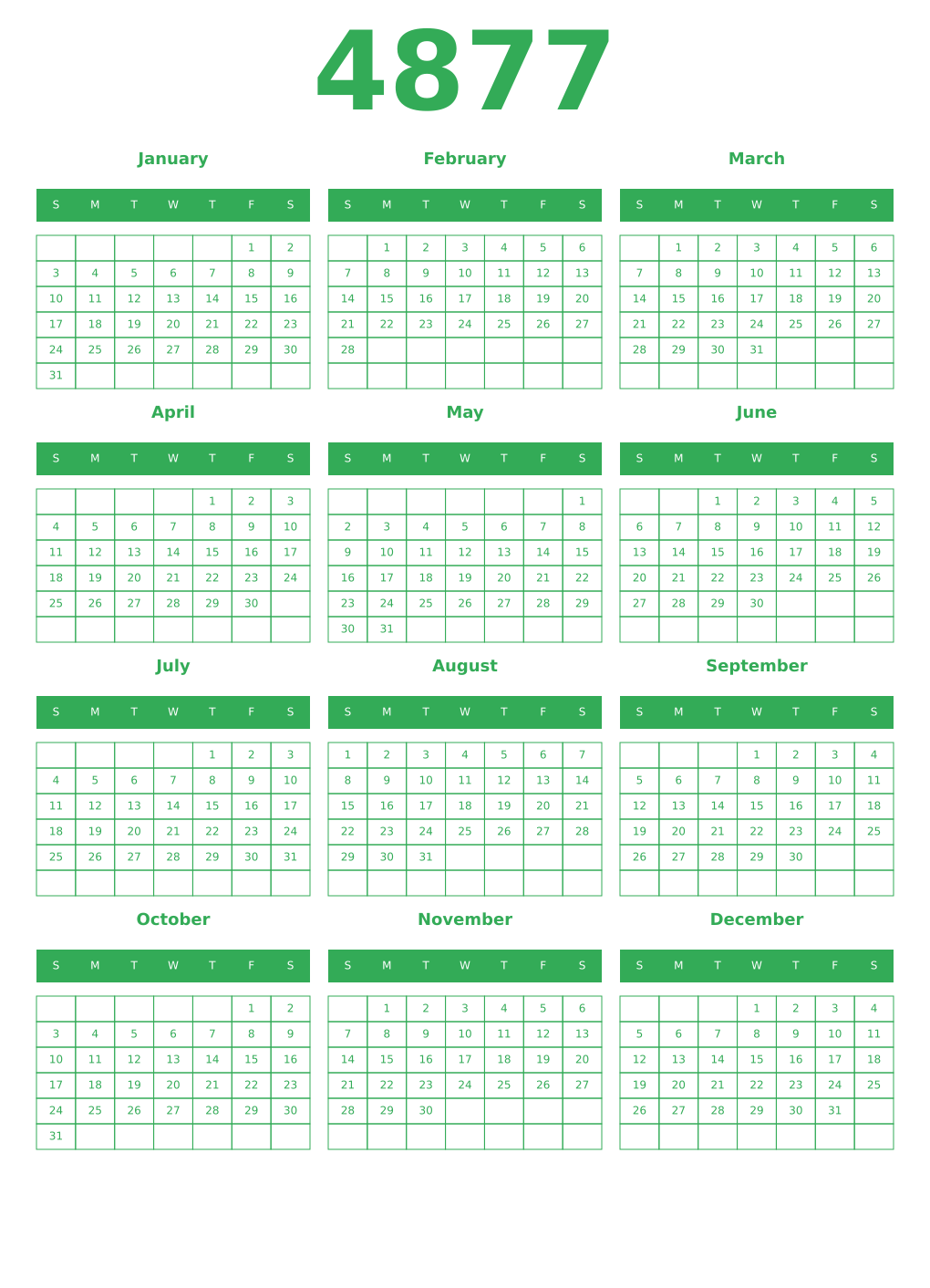 Printable 4877 Year Calendars green