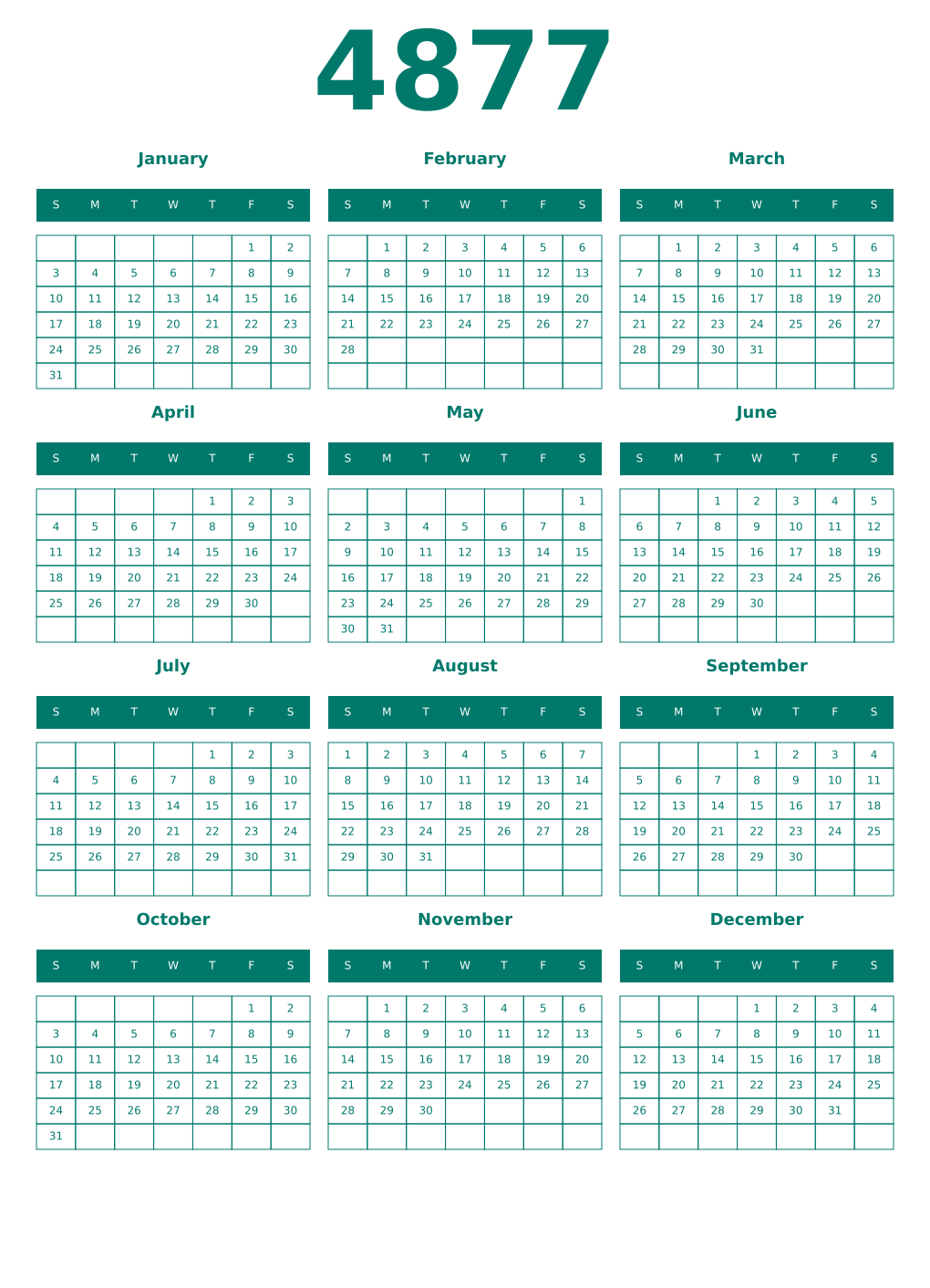 Printable 4877 Year Calendars pastel