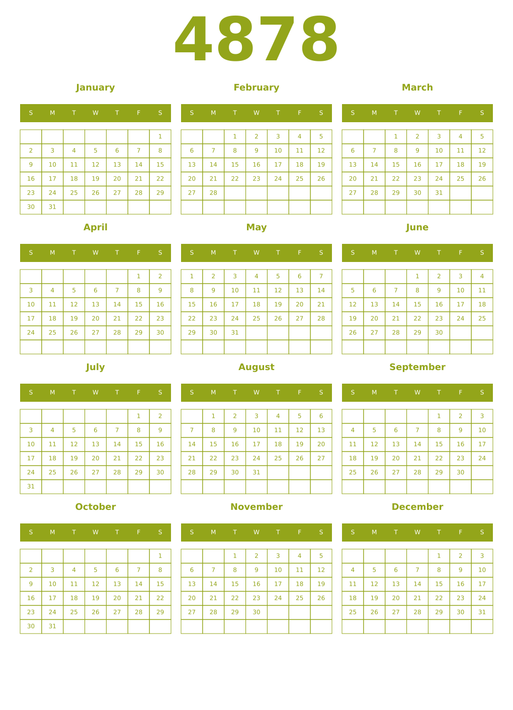 Printable 4878 Year Calendars chartreuse