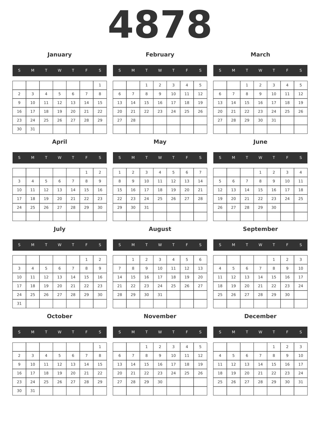 Printable 4878 Year Calendars dark