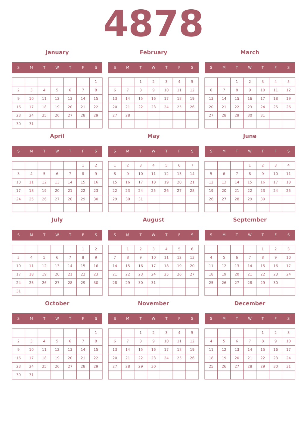 Printable 4878 Year Calendars puce