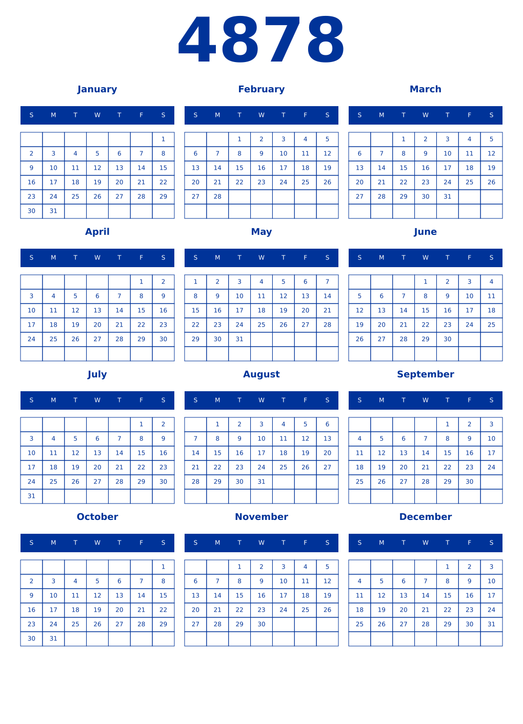 Printable 4878 Year Calendars smalt